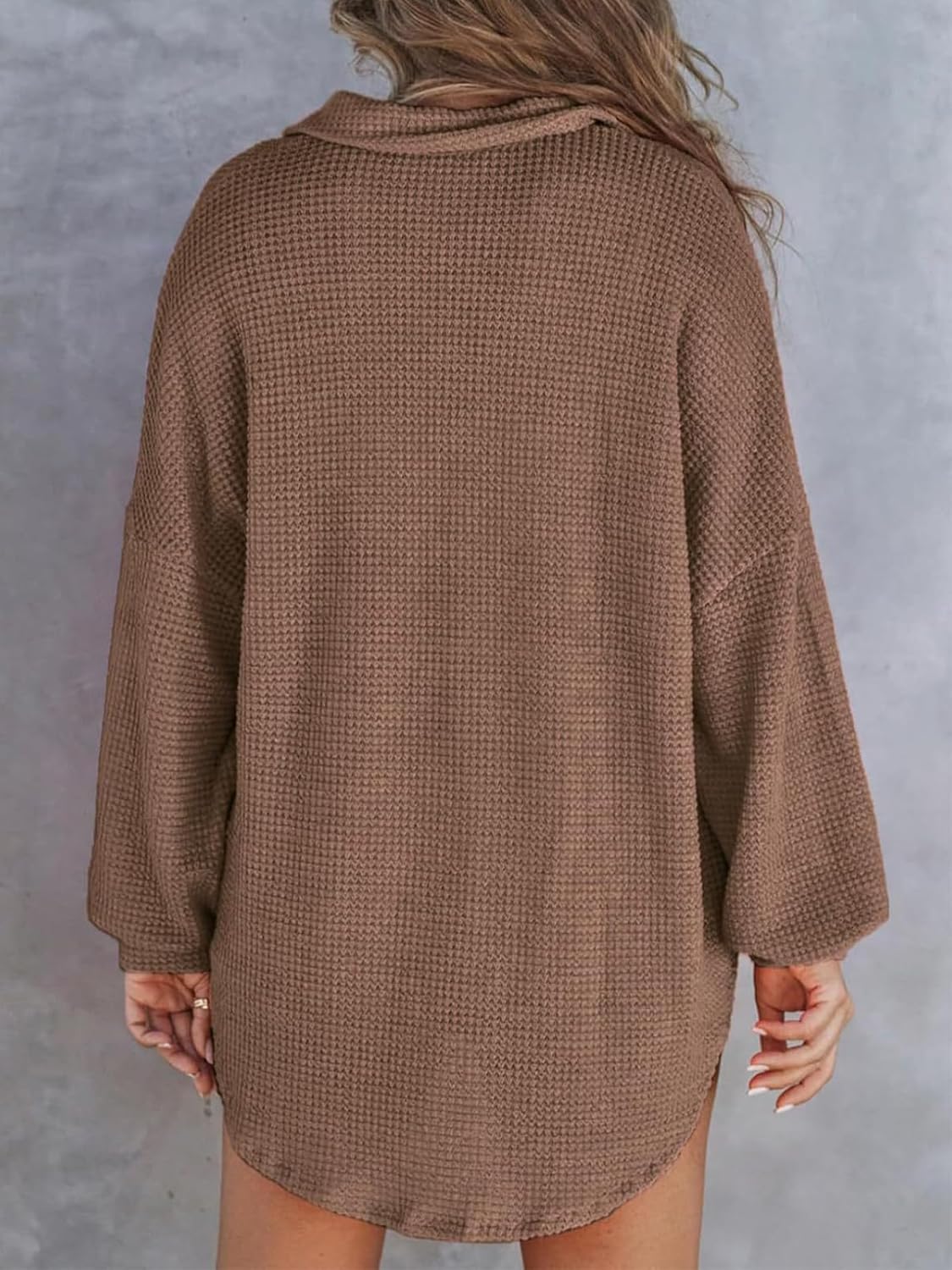 HVEPUO Womens Oversized Waffle Knit Henley Shirts Casual Long Sleeve Button Down V Neck Solid Color Tunic Tops Fall Blouses - Image 3