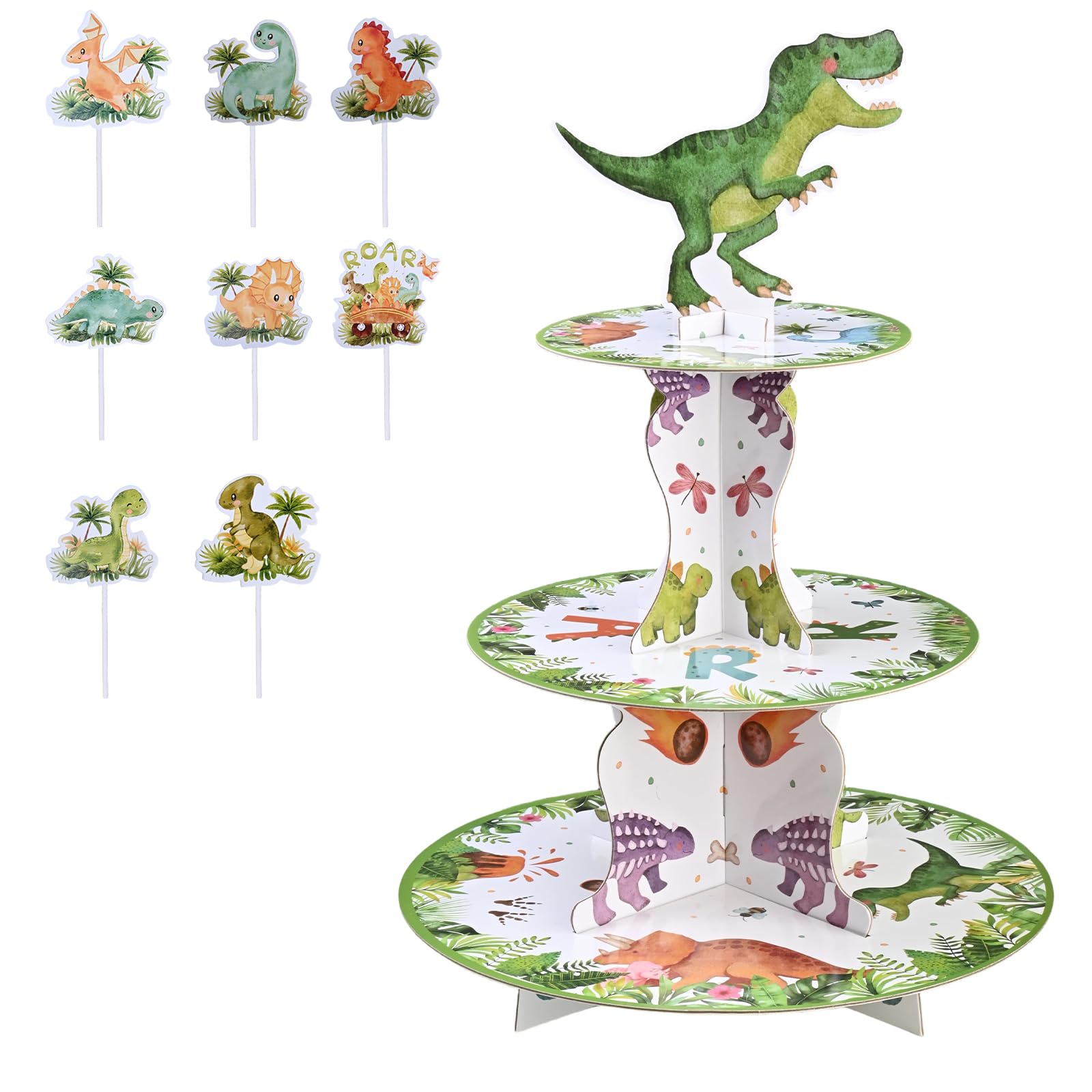 3 Tier Dinosaur Cupcake Stand Dessert Display Stand with 16Pcs Dinosaur Cupcake Toppers, Dino Theme Birthday Party Supplies Dinosaurs Birthday Party Decorations for Kids