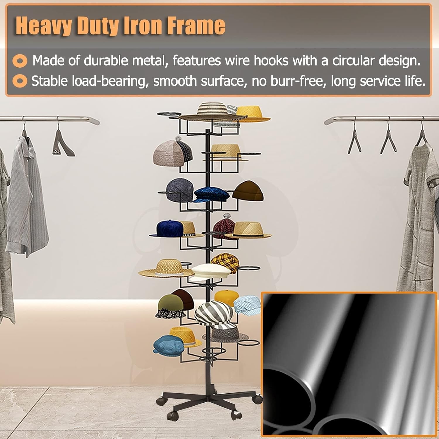 Hat Rack Freestanding 7 Tier Hat Rack Stand with Large Capacity Movable Organizer for Wigs Cowboy and Baseball Caps Retail Display Stand on Wheels