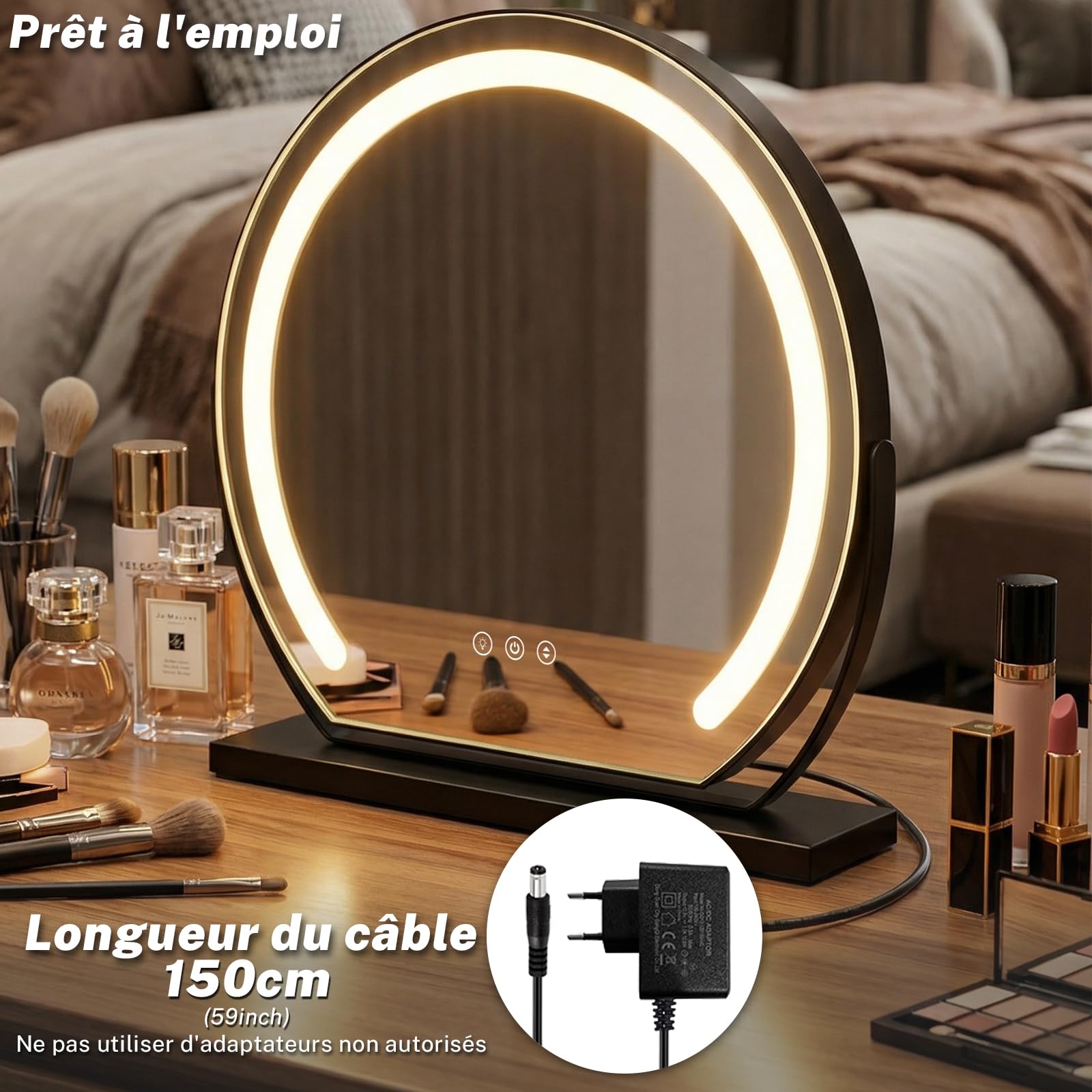 Miroir Maquillage Lumineux Rond 40cm, LED Miroir Coiffeuse cosmétique éclairé Coiffeuse, 3 températures de Couleur Touche Contrôle Tactile Luminosité Réglable Angle réglable, Plug & Play
