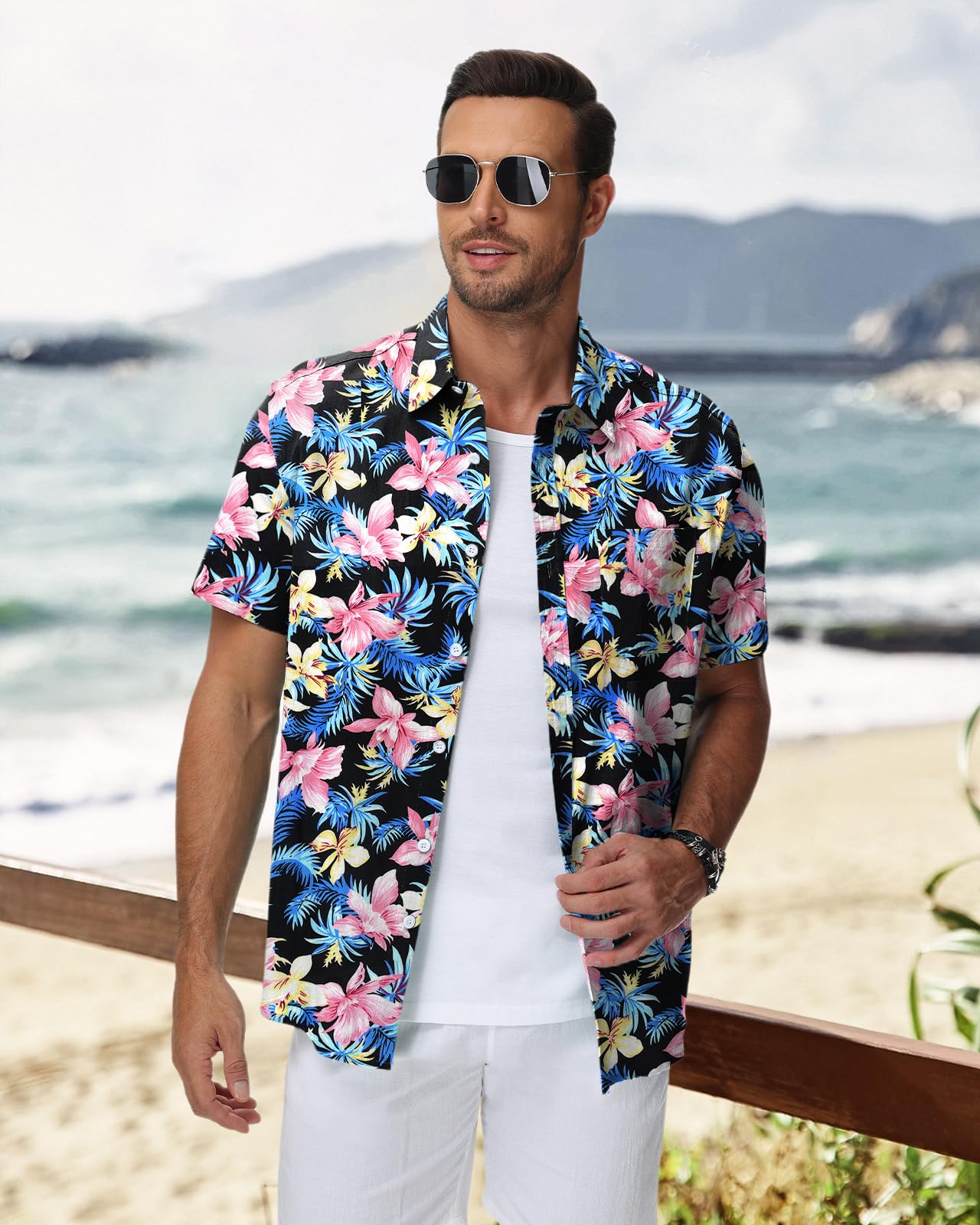HMIYA Herren Hawaii Hemd Männer 100% Baumwolle Unisex Kurzarm Vordertasche Button Down Sommer Freizeit Urlaub Strand