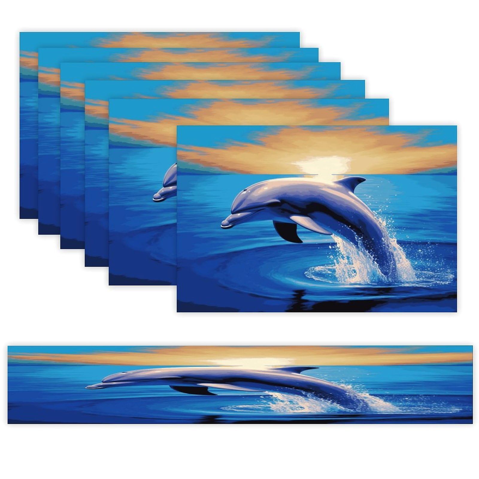 Elegant Dolphin Table Runner and Placemats of 6 Washable Heat Resistant Place Mats with Table Runner Vintage Holiday Table Mat Set for Holiday Party Kitchen Dining Deco