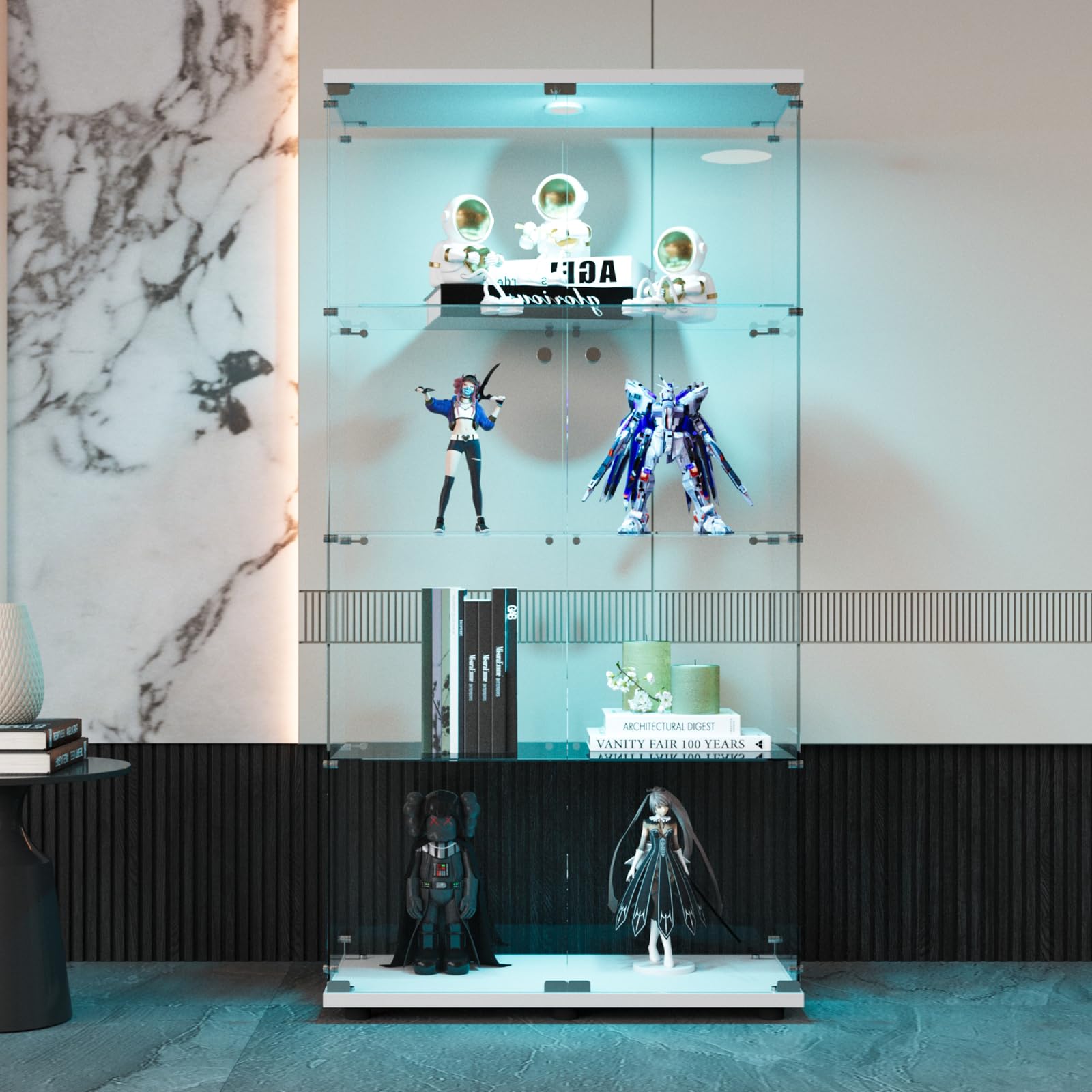 Vitrina de cristal con LED, armario de colección moderno de cristal de cuatro capas, transparente armadura de cristal con puerta y cerradura, vitrina de colección para el bar, salón (doble puerta,