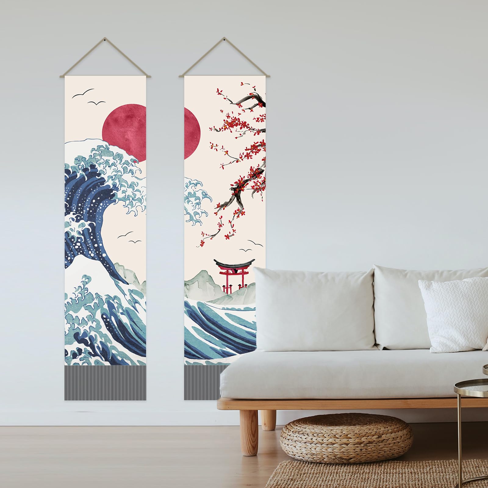 AHANDMAKER Confezione da 2 arazzi giapponesi con onde dell'oceano, sole rosso e onde e fiori di ciliegio rossi, arazzo con nappe per camera da letto, 33 x 130 cm