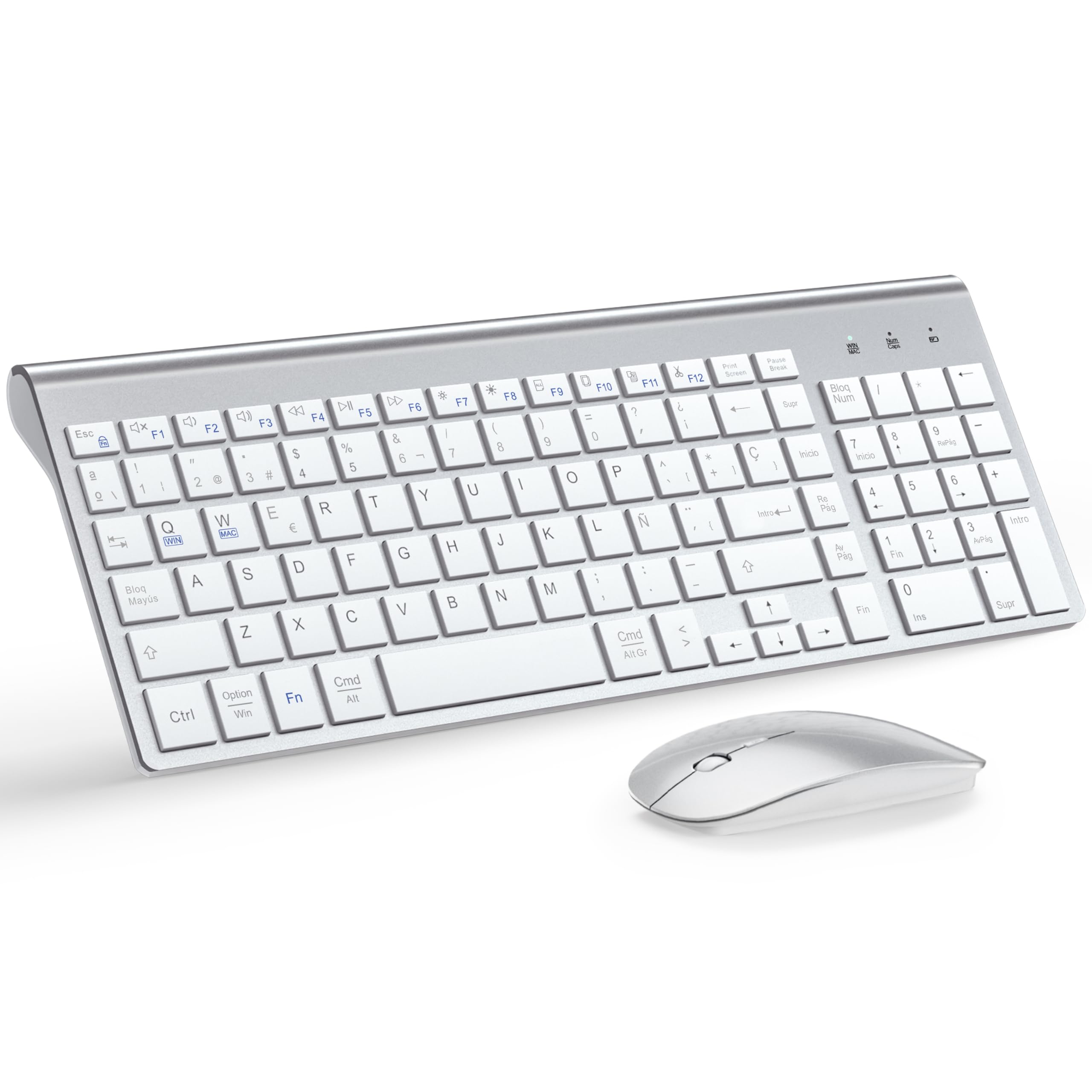 Combo Clavier Souris sans Fil Ultra Fin avec Double Système - Blanc Argenté