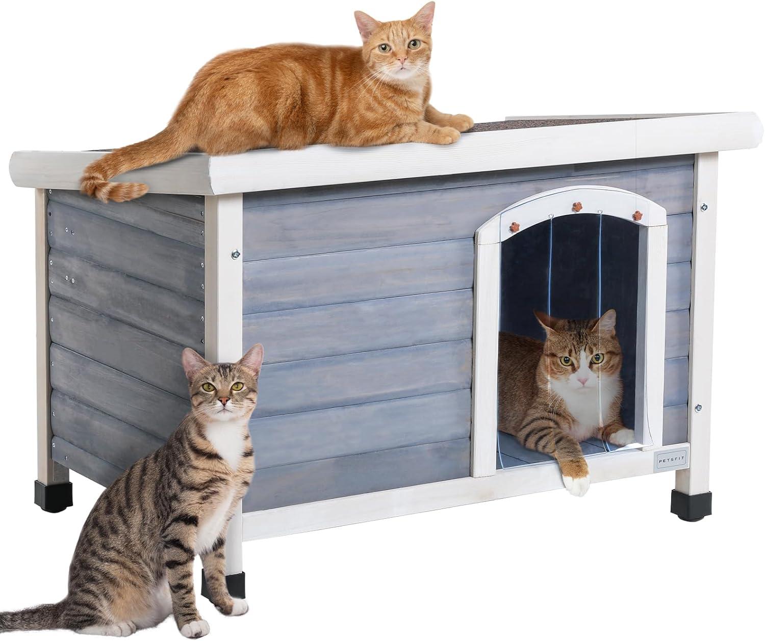 Petsfit Large Outdoor Cat House for Multiple Cats, Wooden Feral Cat Houses for Outdoor Cats with Adjustable Foot Mat and Hinged Roof, Weatherproof Dog Houses for Small Dogs Outside, Light Grey