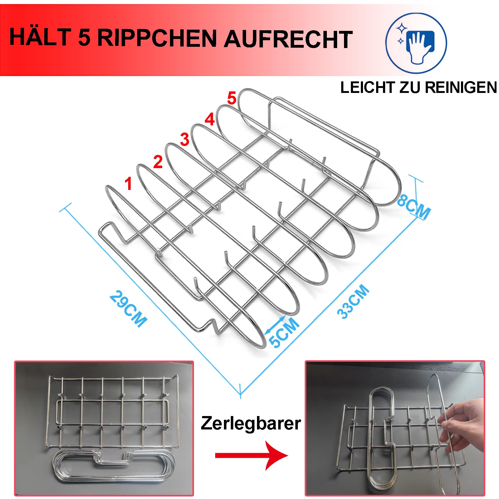 Spareribs Halter Grill – Rippchenhalter aus reinem Edelstahl für 5 Rippchen – Aufsatz zur Zubereitung von Spareribs und Braten auf Gas- und Kohlegrill, Spülmaschinengeeignet – 33 x 29 x 8 cm