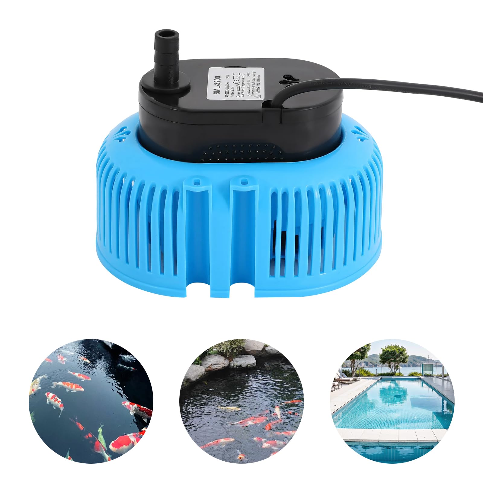 Mini bomba sumergible de 75 W para aguas residuales, bomba de cobertura para piscinas, caudal máximo de 3000 l/h, con 3 boquillas, manguera de 5 m y cable de alimentación extra largo de 7,5 m, altura
