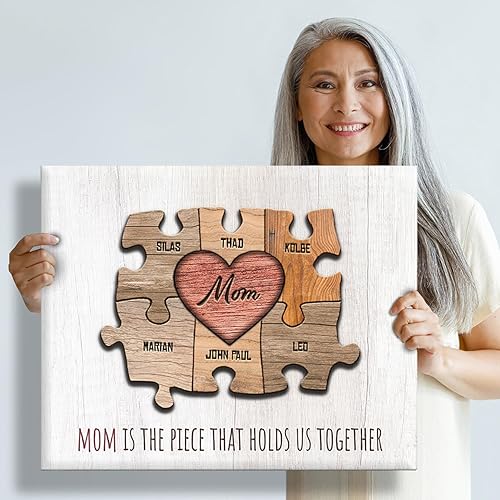 Miniatura 5 de Arte de pared de rompecabezas de corazón personalizado para mamá y niños, único personalizado con hasta 8 nombres, lienzo enmarcado o bloque de
