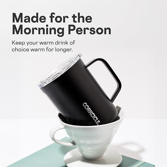 Corkcicle Origins Travel Coffee Mug - Triple Insulated Stainless Steel Cup with Handle for Tea, Hot Chocolate, Coffees, More - Spill Proof, Reusable, Dishwasher Safe - Matte Black, 475ml/16oz