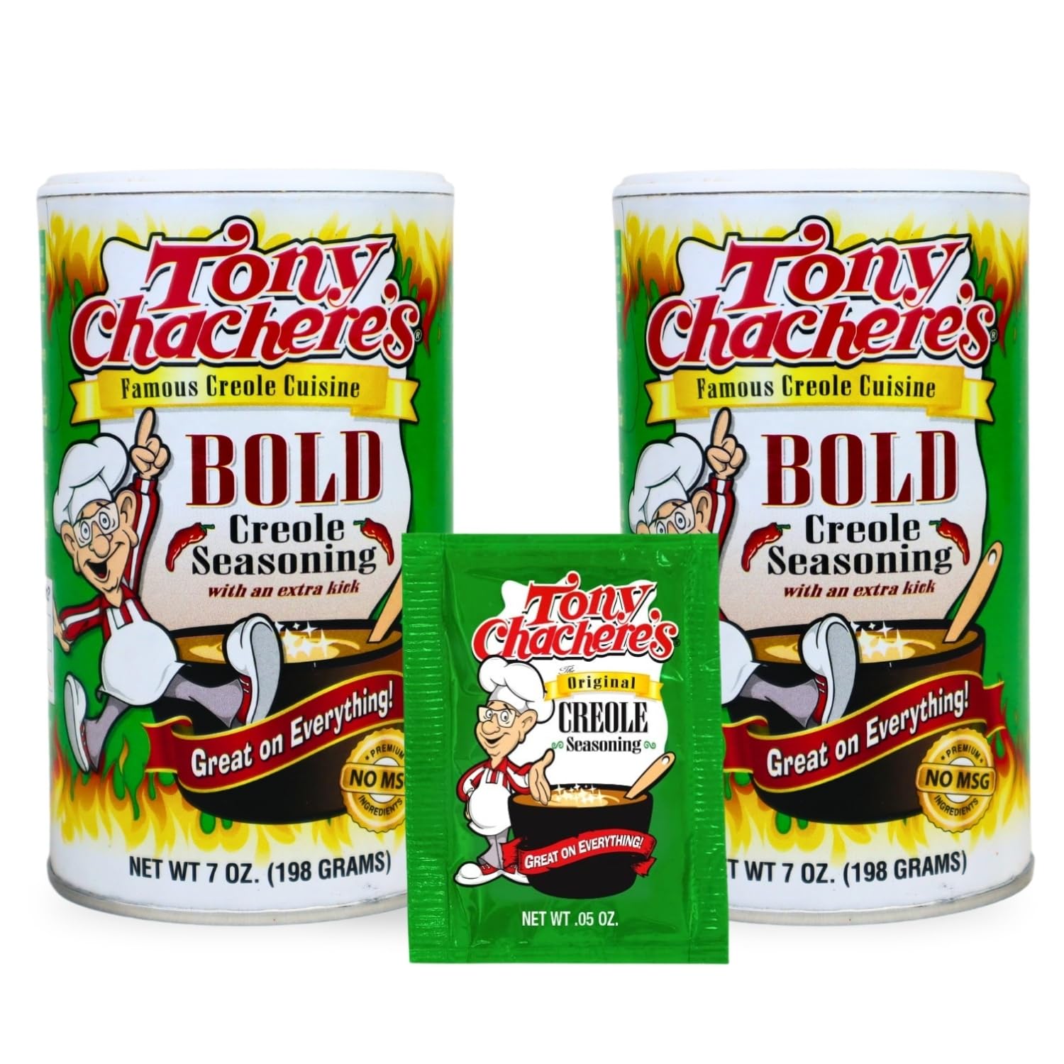 Tony Chachere's Creole and Cajun Seasoning Canisters (2 Pack + Packet) (2 Pack, Bold)