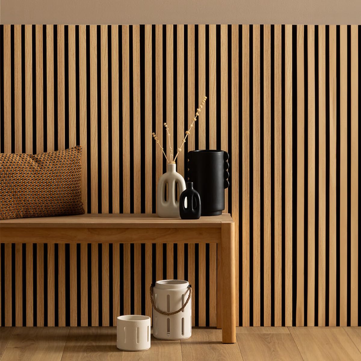 WEB2O Set di 4 pannelli decorativi Accoustic stecche in legno, 120 x 30 cm, (120 x 120 cm), effetto rovere chiaro