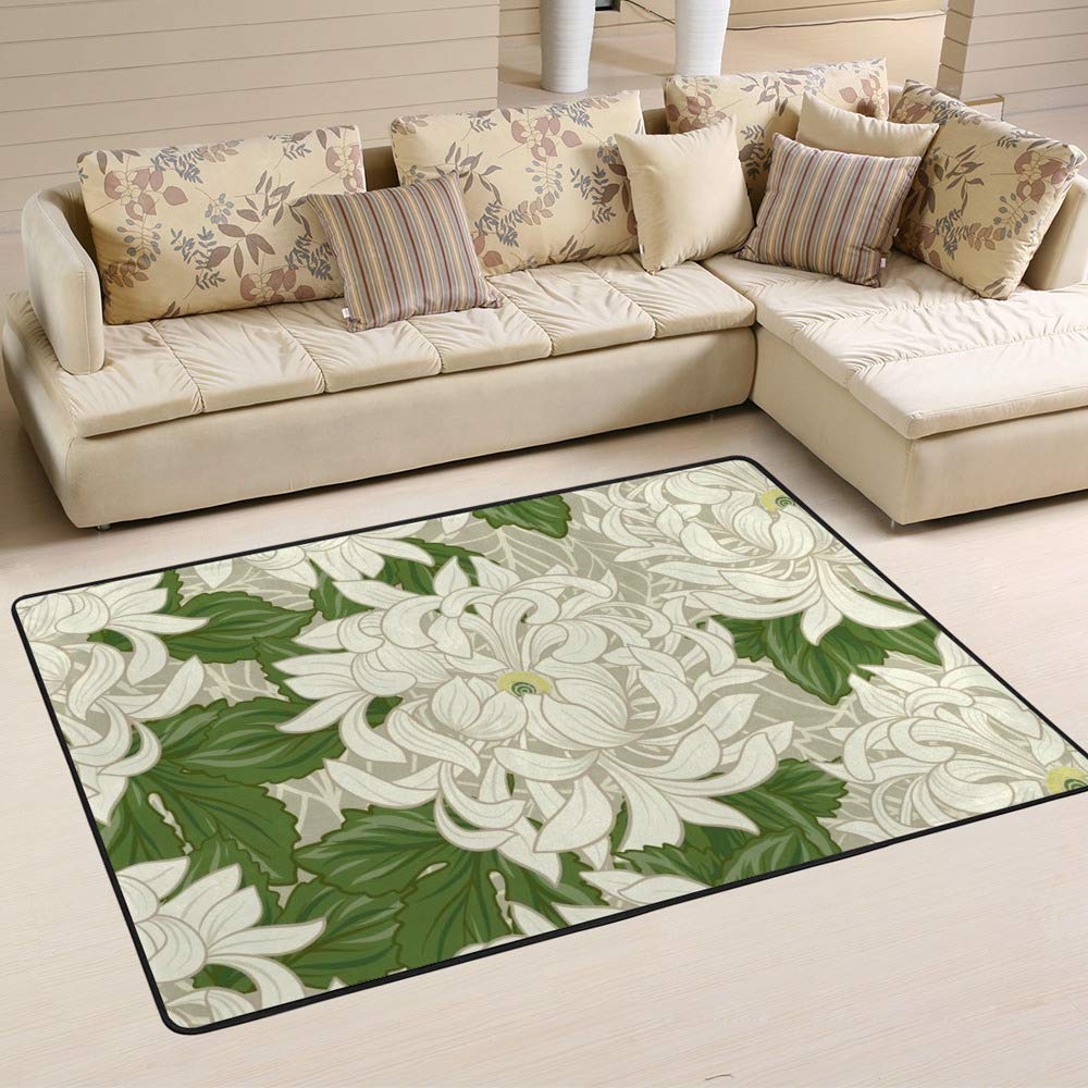 Tapis de chrysanthème style japonais grand format fleurs vertes Ruchen