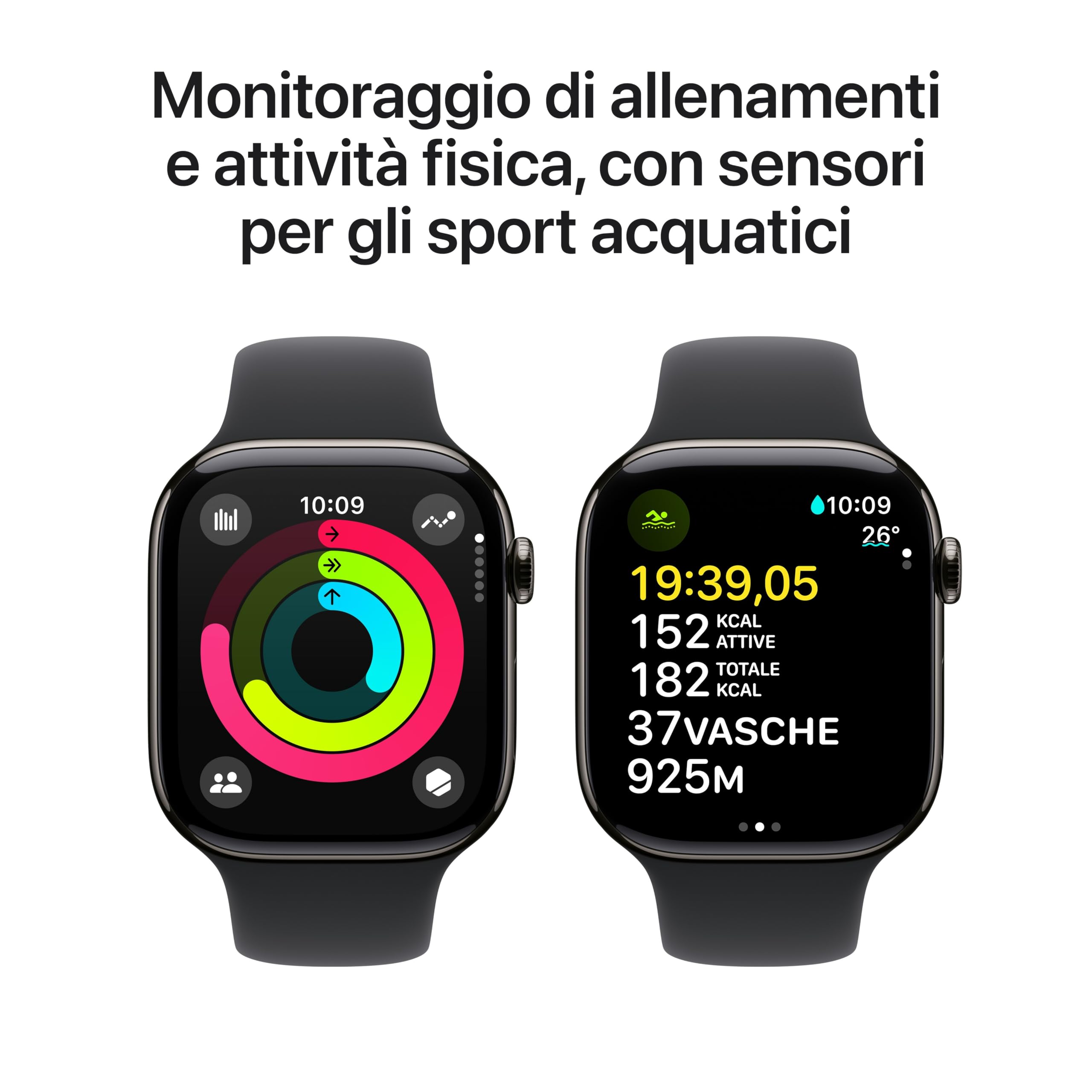 Apple Watch Series 10 GPS + Cellular 46 mm Smartwatch con cassa in titanio color Ardesia e cinturino Sport Loop Nero - S/M. Fitness tracker, app ECG, display Retina always-on, Carbon Neutral