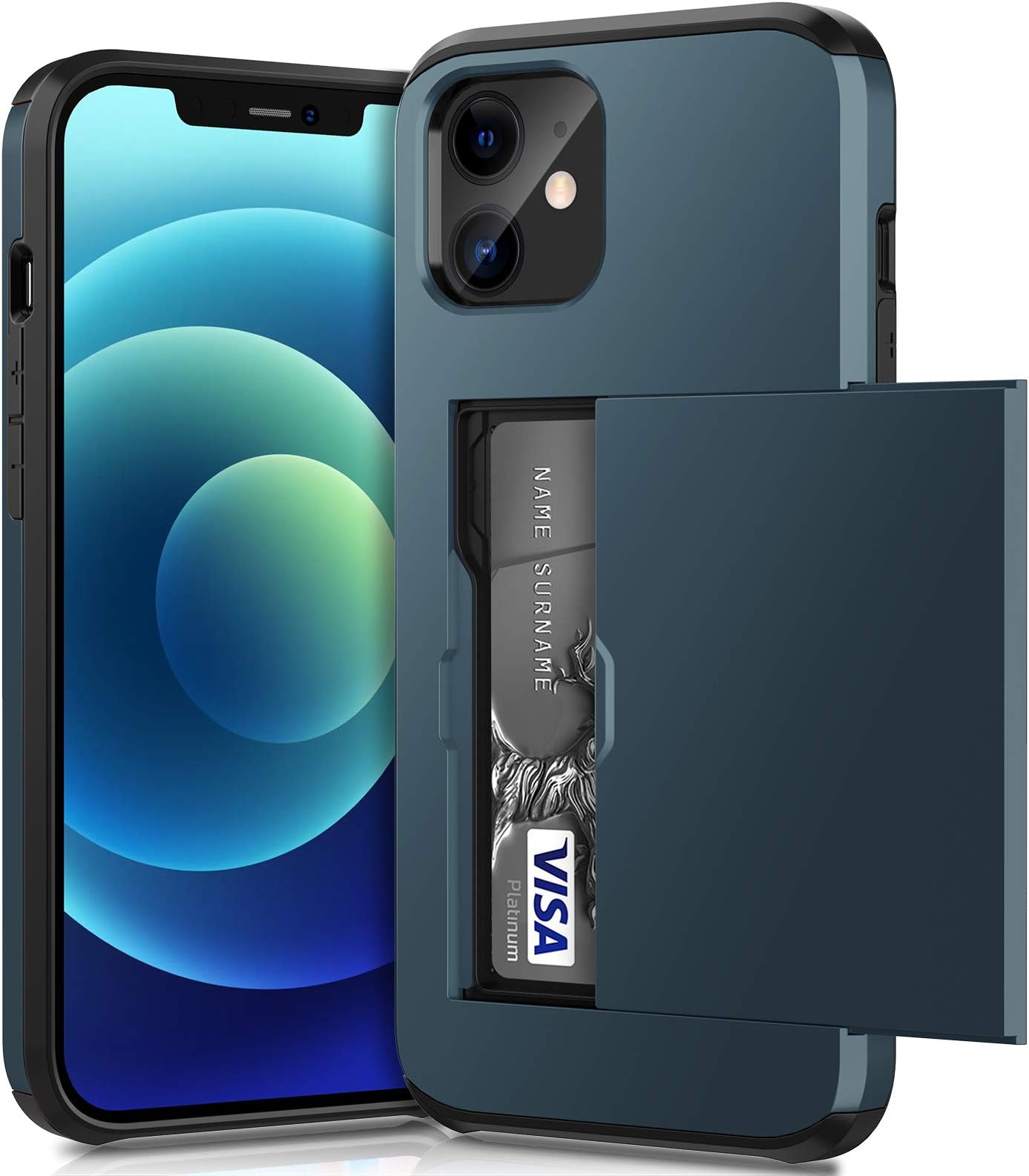 for iPhone 12 Mini Case with Card Holder Sliding Cover Hidden Pocket IDs Credit Cards Slot Heavy Duty Shockproof Protective Dual Layer Wallet Phone Cover Back Shell Men Women 5.4 inch Navy