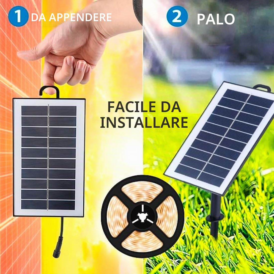 M Ledme - Striscia LED solare esterna giardino 5 metri con telecomando, IP68 sommergibile, 300 LED, luce LED bianco caldo, con kit di installazione per piastra solare, per giardino, casa, decorativa