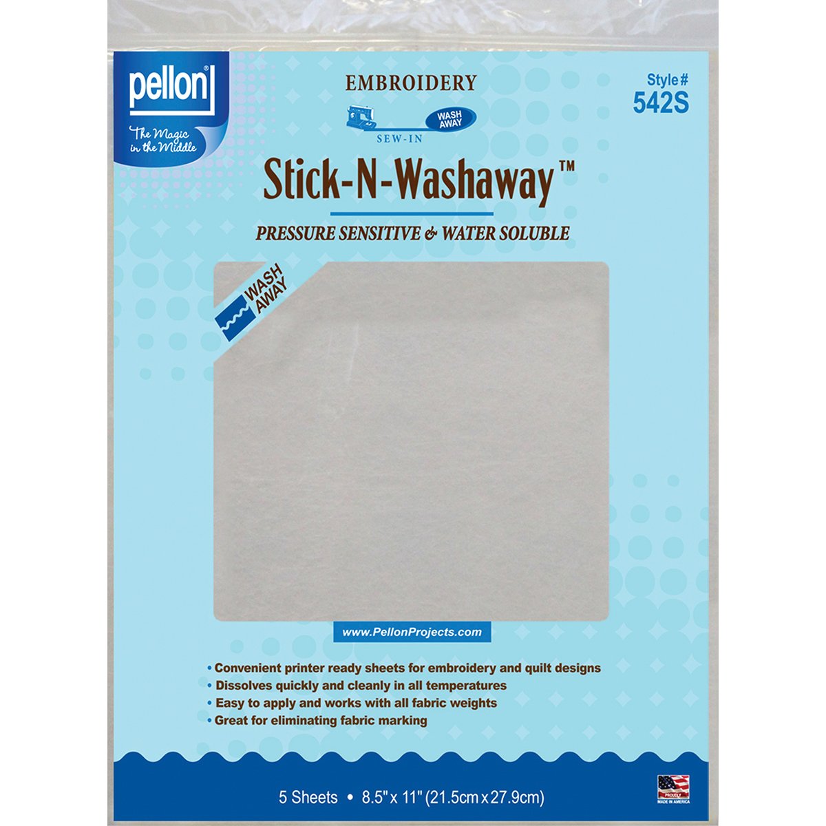 Pellon Stick-N-Washaway Embroidery Stabilizer, White 8.5 x 11 5/Pkg