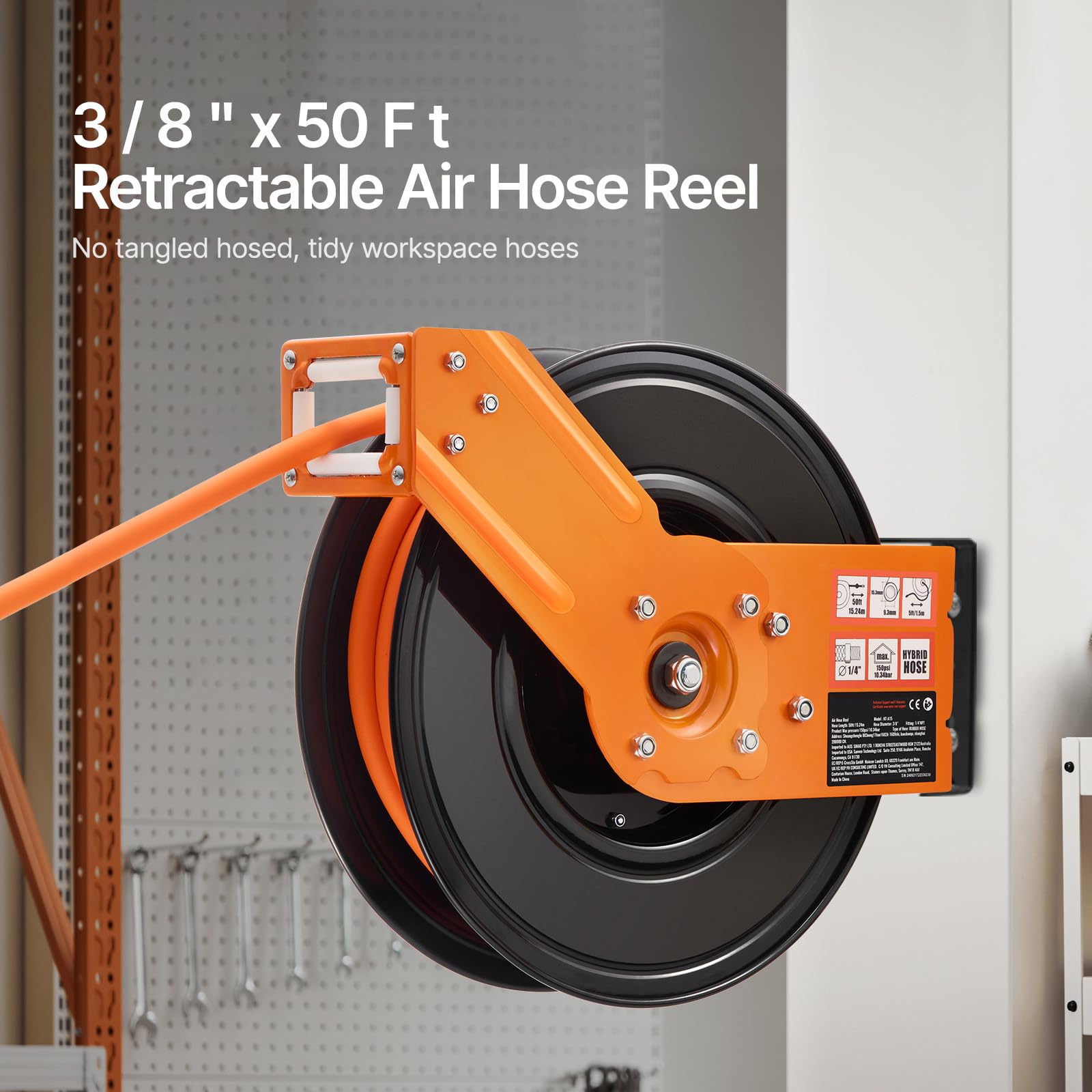 Happybuy Retractable Air Hose Reel, Air Compressor Hose Reel Auto-Rewind with 5FT Lead in, 3/8IN x 50FT Rubber Air Hose Max 300PSI,Ceiling/Wall Mount Heavy Duty Single Arm Reel & 180° Swivel Bracket