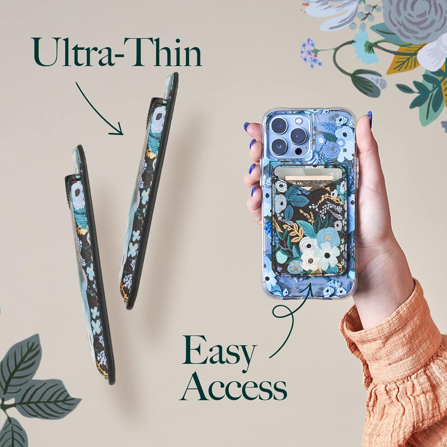 Rifle Paper Co. Magnetic Wallet for iPhone [Card Holder] Vegan Leather MagSafe Wallet [Holds up to 3 Cards] Slim Detachable Magnetic Phone Wallet for iPhone 16 Pro Max/15 Pro/14/13 - Garden Party Blue