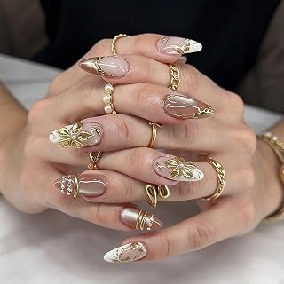 30Stk Katzenauge Press on Nails, Französisch Mandel Künstliche Nägel mit 3D Gold Linien & Blumen, Champagner Schimmer Fingernägel zum Aufkleben Set für Frauen mit Kleber Feile