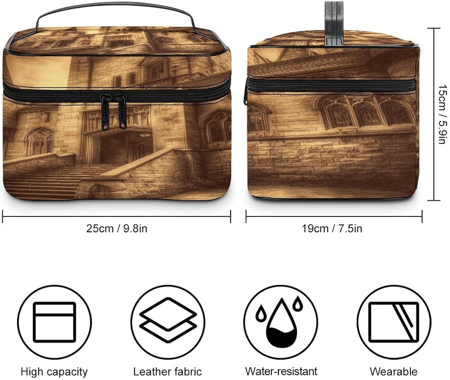 Vintage Medieval Castle Makeup Bag with Handle Fashion Portable Travel Toiletry Bag Exquisite Large Capacity Cosmetic Bags Lightweight Travel Accessories Storage Bags for Women image 2