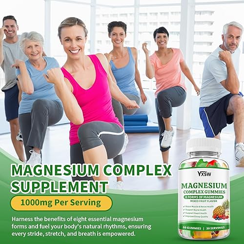 Miniatura 5 de Gomitas de complejo de magnesio 8 elementales de 1000 mg Glicinato de magnesio, citrato, malato, taurato, para huesos, músculo, salud nerviosa,