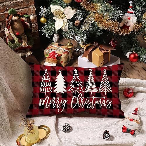Miniatura 2 de DFXSZ Fundas de almohada de Navidad de 12 x 20 pulgadas, diseño de árbol de Navidad, decoración de Navidad roja y negra, cojines decorativos de