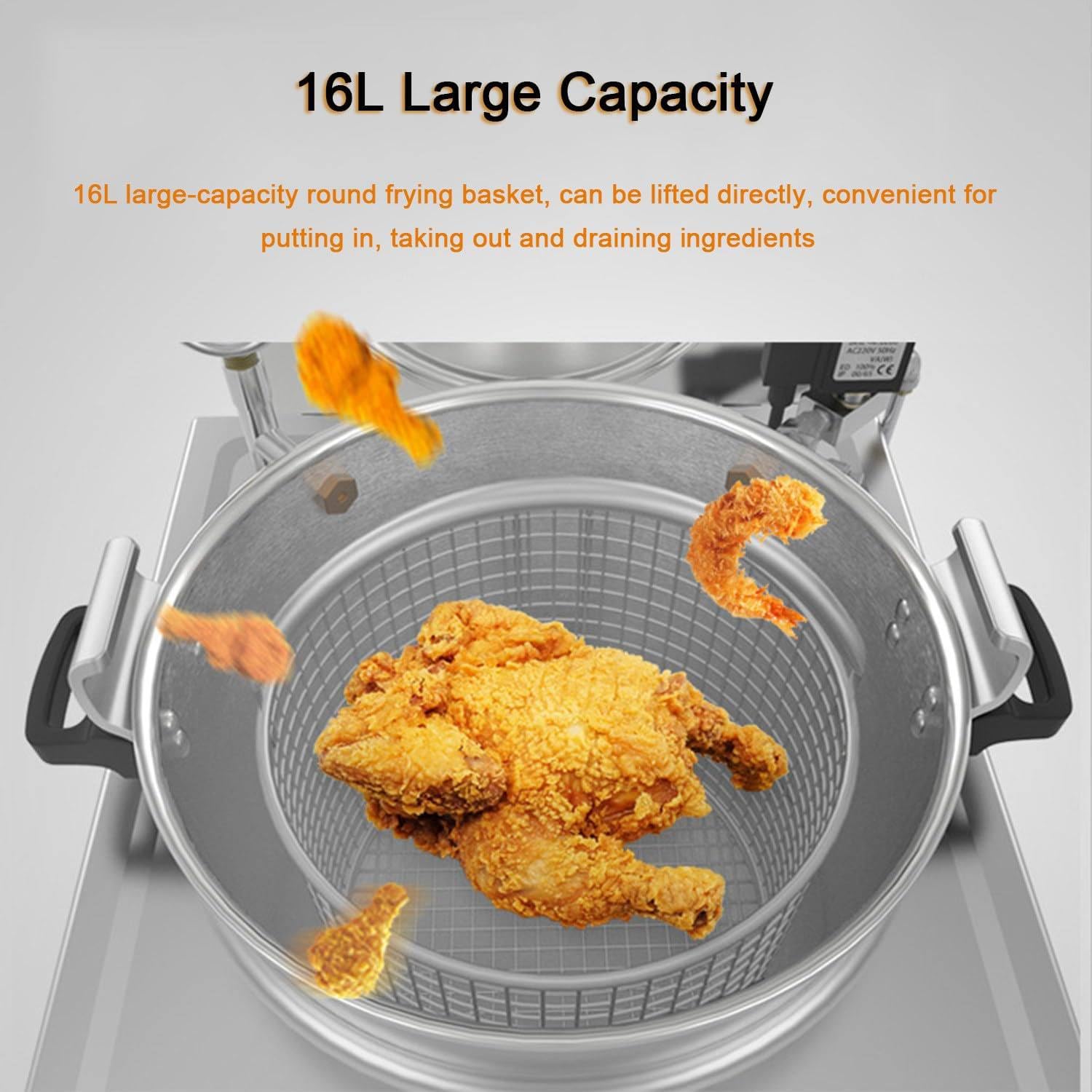 Friggitrice elettrica da banco in Acciaio Inossidabile da 3KW 16L, Controllo della Temperatura 50-200 °C e Timer 0-30 Minuti, per Patatine Fritte, Ali di Pollo
