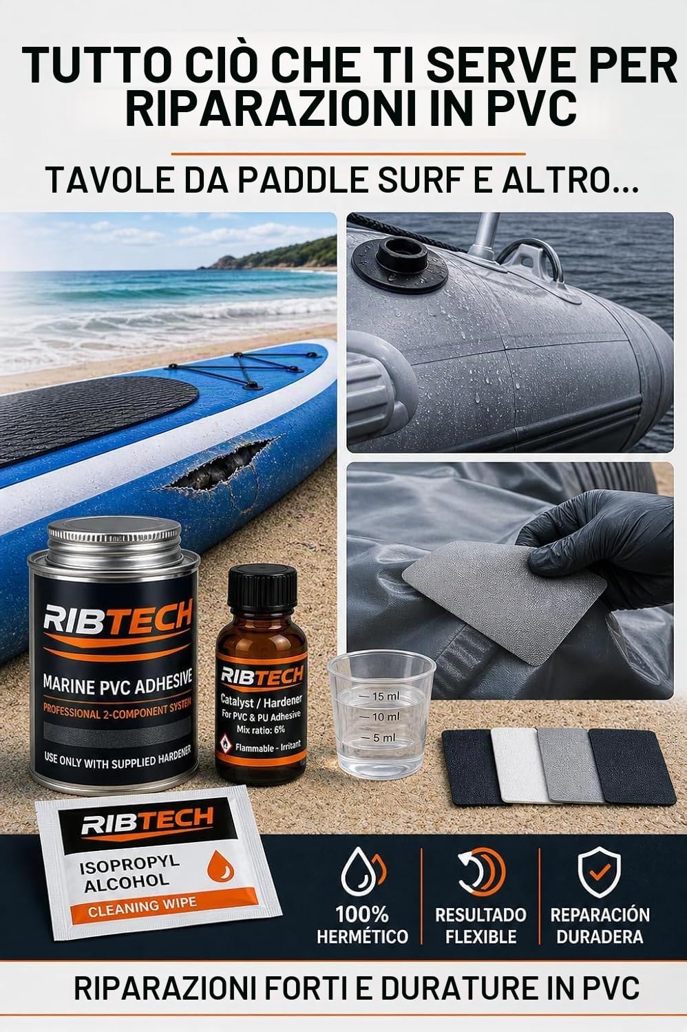 Kit di riparazione professionale in PVC, colla PVC 2 componenti per Zodiac, Paddle Surf, Kayak e gonfiabili, include toppe, pennello, bicchiere, guanti e salvietta (125 ml)