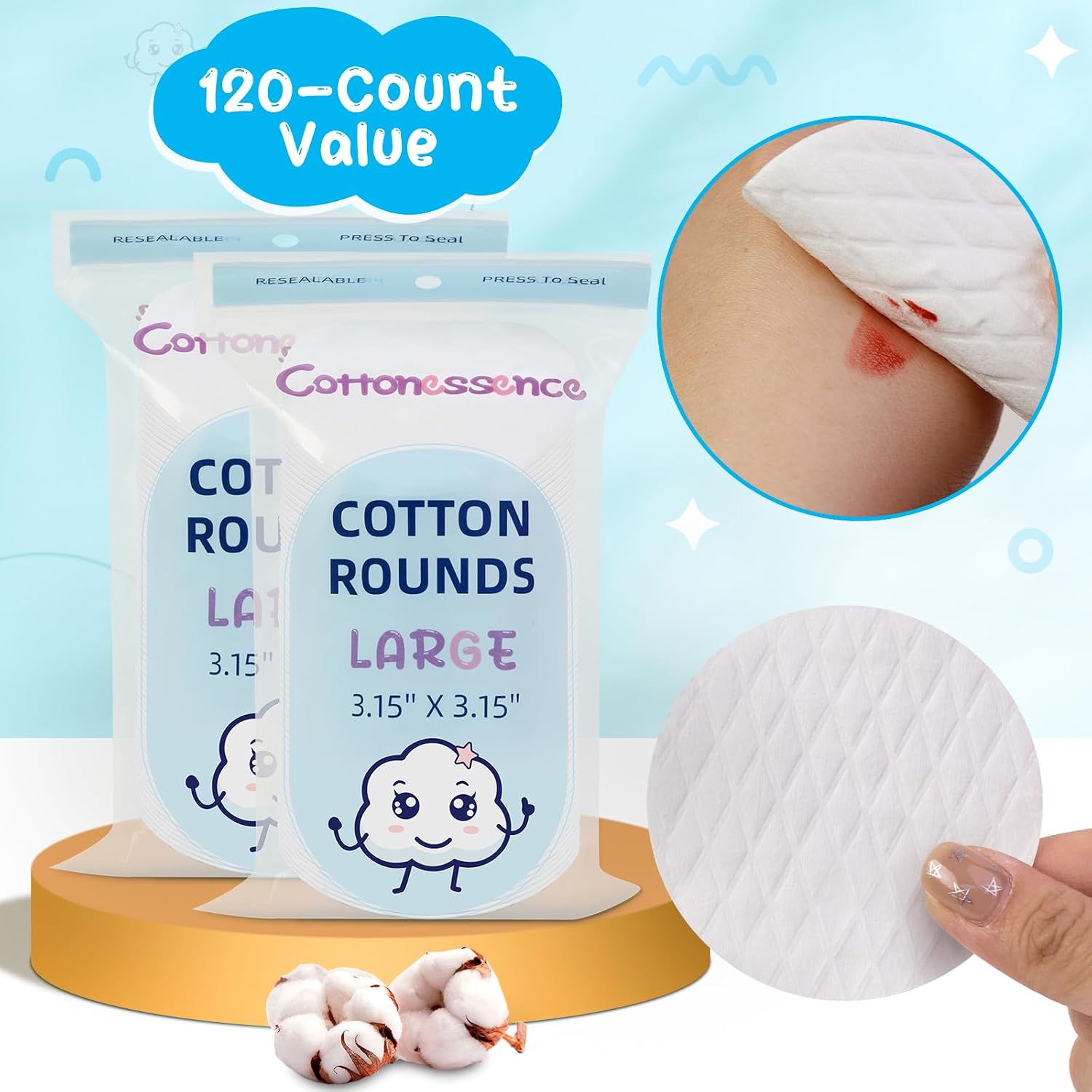 Premium Cotton Rounds（120 Count， Pack of 2 - Cotton Pads for Face, 100% Cotton Makeup Remover Pads, Soft and Lint-Free, for Removing Makeup, Nail Polish