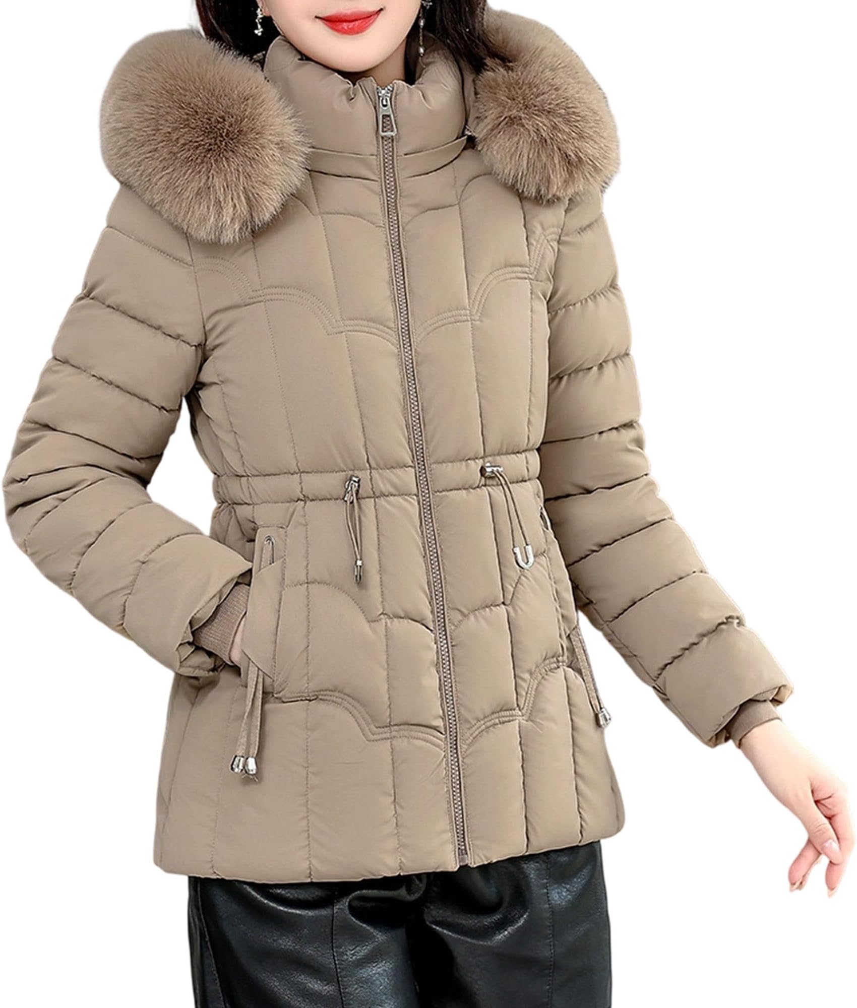 Women Casual Zipper Solid Down Coat Slim Fit Warm Stand Collar Puffer Jacket Winter Classic Waist up Puffer Outerwear