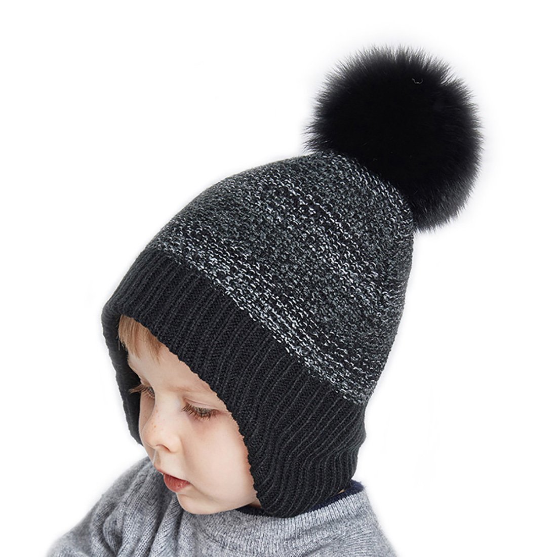 URSFUR Kids Winter Earflap Cap Boys Knit Peruvian Hat Ball Pom Warm Beanie Black with Fox Pompom