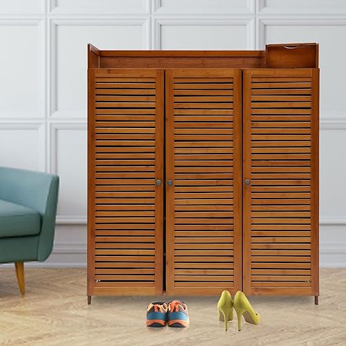 DYRABREST Zapatero de bambú de pie independiente, armario de almacenamiento de zapatos de 7 niveles con puertas para armario, organizador de