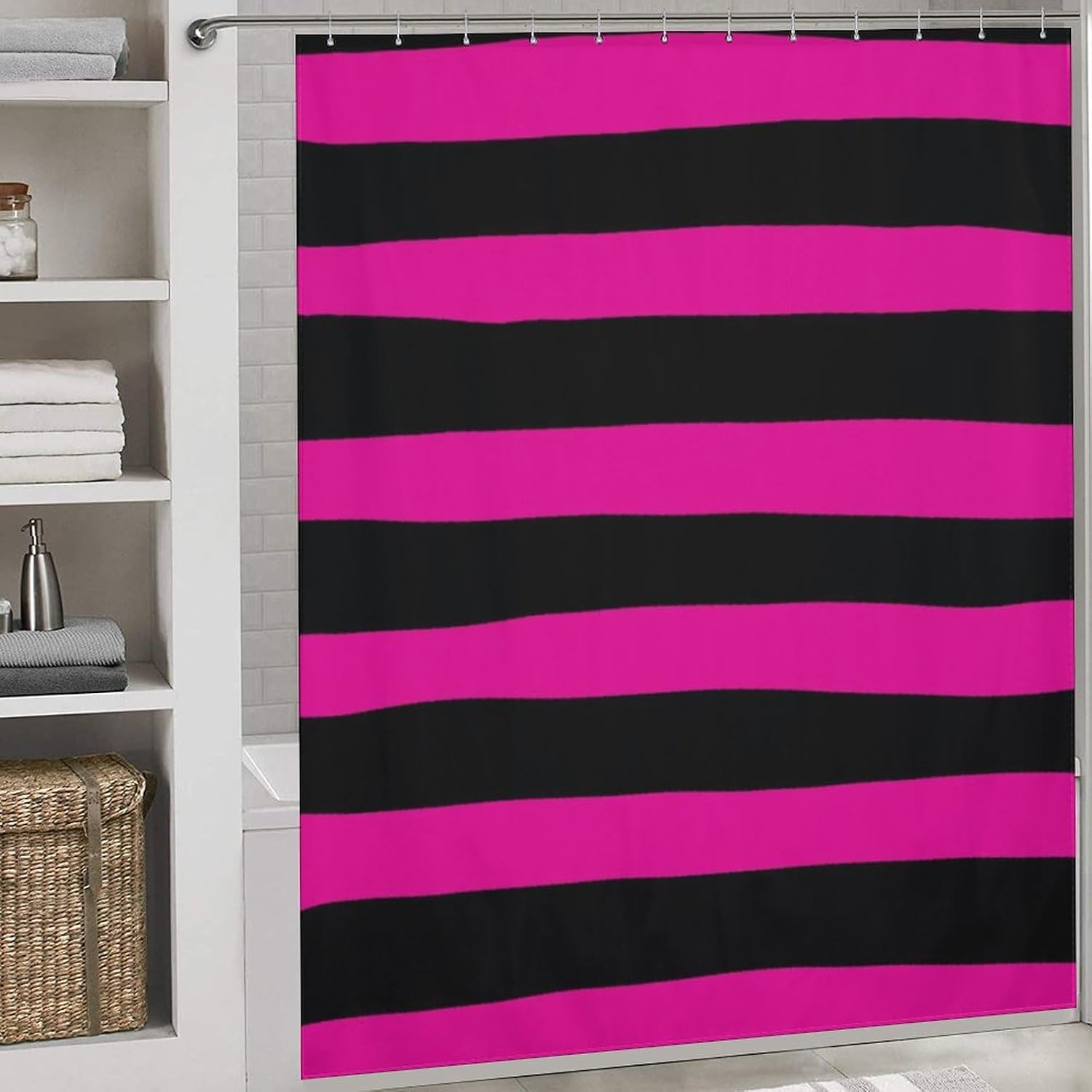 Luxury Shower Curtain Liner Set, Stripes - Hot Pink and Black Bathroom Curtains Waterproof & Washable Curtains for Bathtub, 72 X 72inch