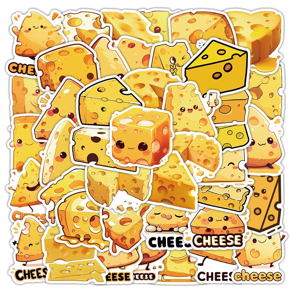 Lylsdsb Women's Cheese Stickers 50 Pcs Vinyl Funny Dairy Food Stickers For Water Bottle Laptop Skateboard Scrapbook Luggage Car Helmet Bike Computer,Waterproof Trendy Cute Sticker For Adults Girls Boys