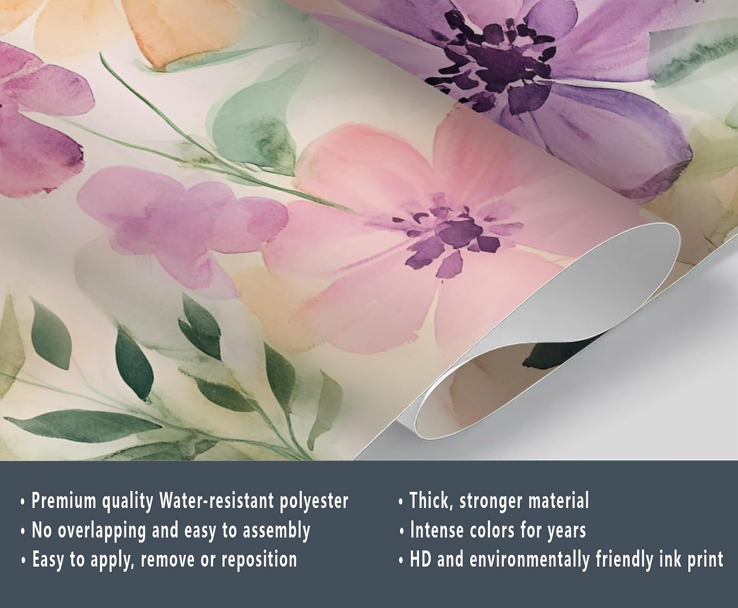 Floral Wall Murals, Watercolor Flower Wallpaper, Nordic Flower Wallpaper for Bedroom Living Room, 3D Printed Background Wall Decor (Not Peel and Stick)