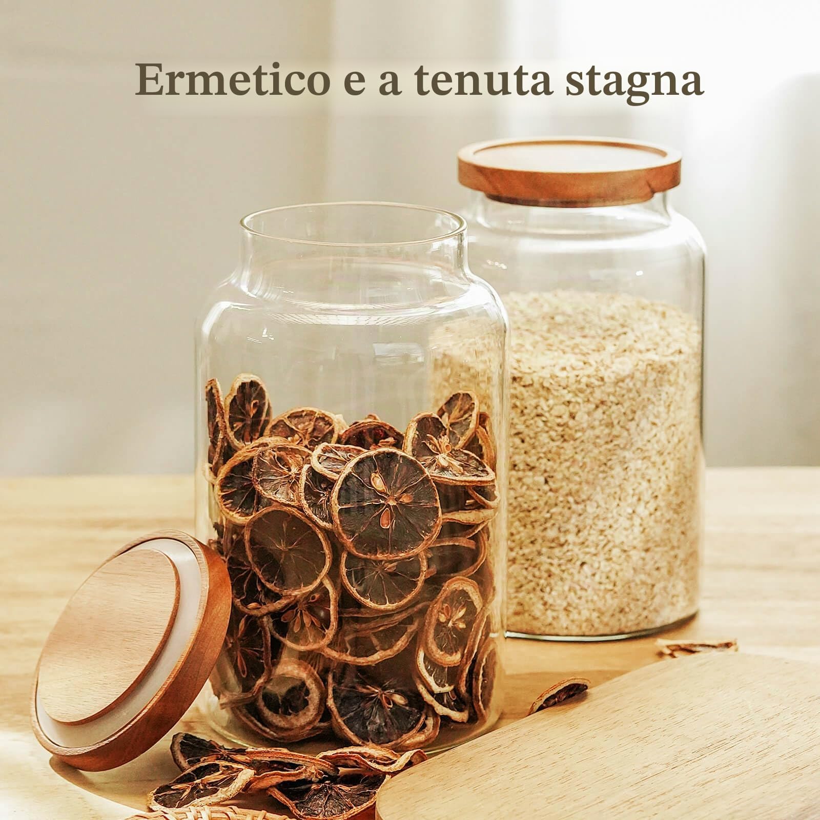 Labina Barattoli in vetro con coperchio in legno, contenitori in vetro a collo largo con coperchio, ermetici con coperchio per zucchero, biscotti, spaghetti, noci e caramelle, 2 x 2600 ml