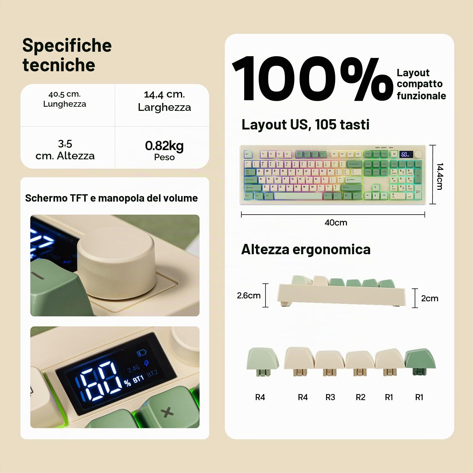 EPOMAKER AULA S102 PRO Tastiera da Gioco a Membrana con Schermo TFT, olume Knob & Number Pad, BT/2.4G/USB, RGB Backlit, Creamy Silicone Structure, Tastiera Silenziosa per Giochi PC/Ufficio (Retrò)