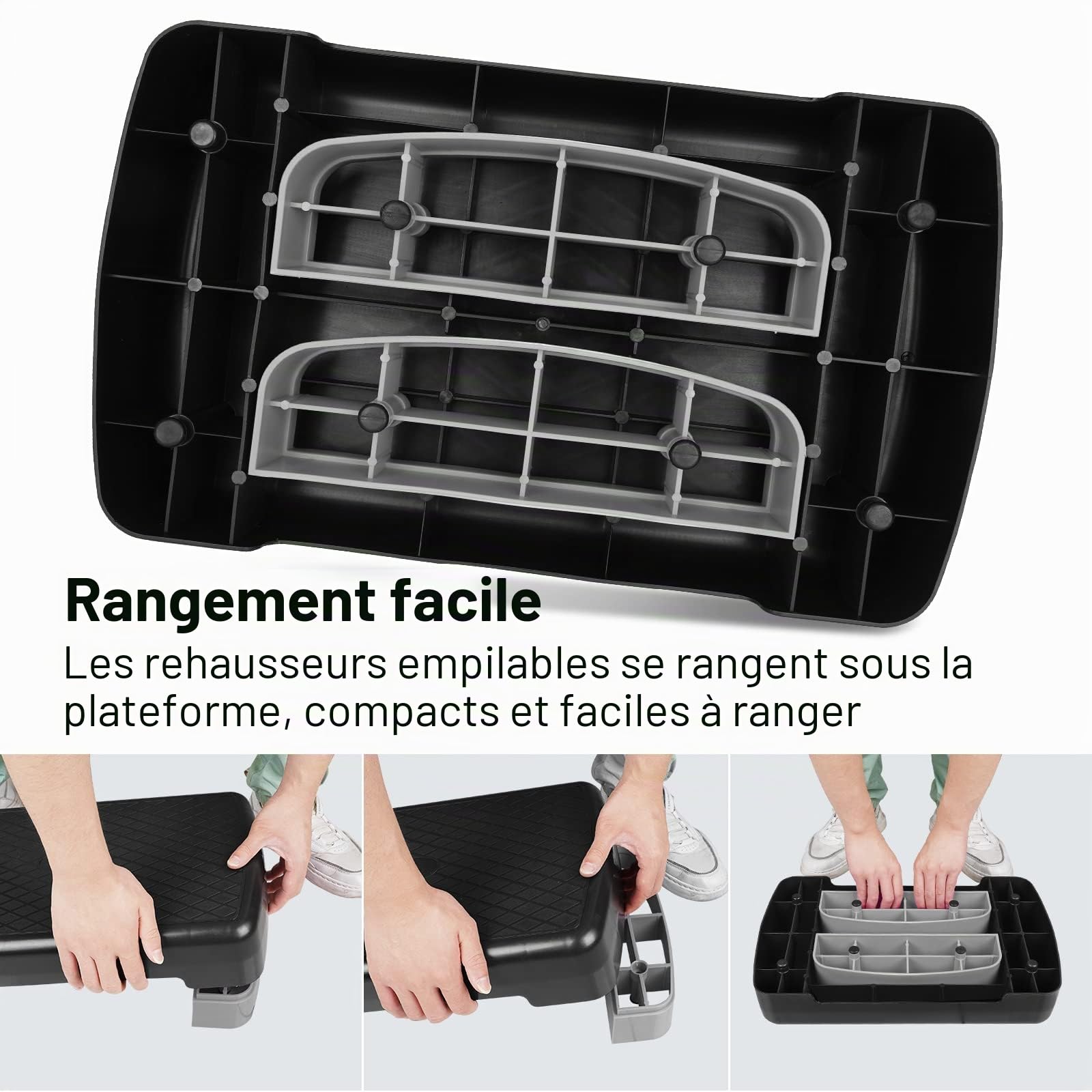 Stepper à 2 niveaux réglables en hauteur pour entraînement aérobic et fitness avec 2 rehausseurs réglables de 10 cm à 15 cm