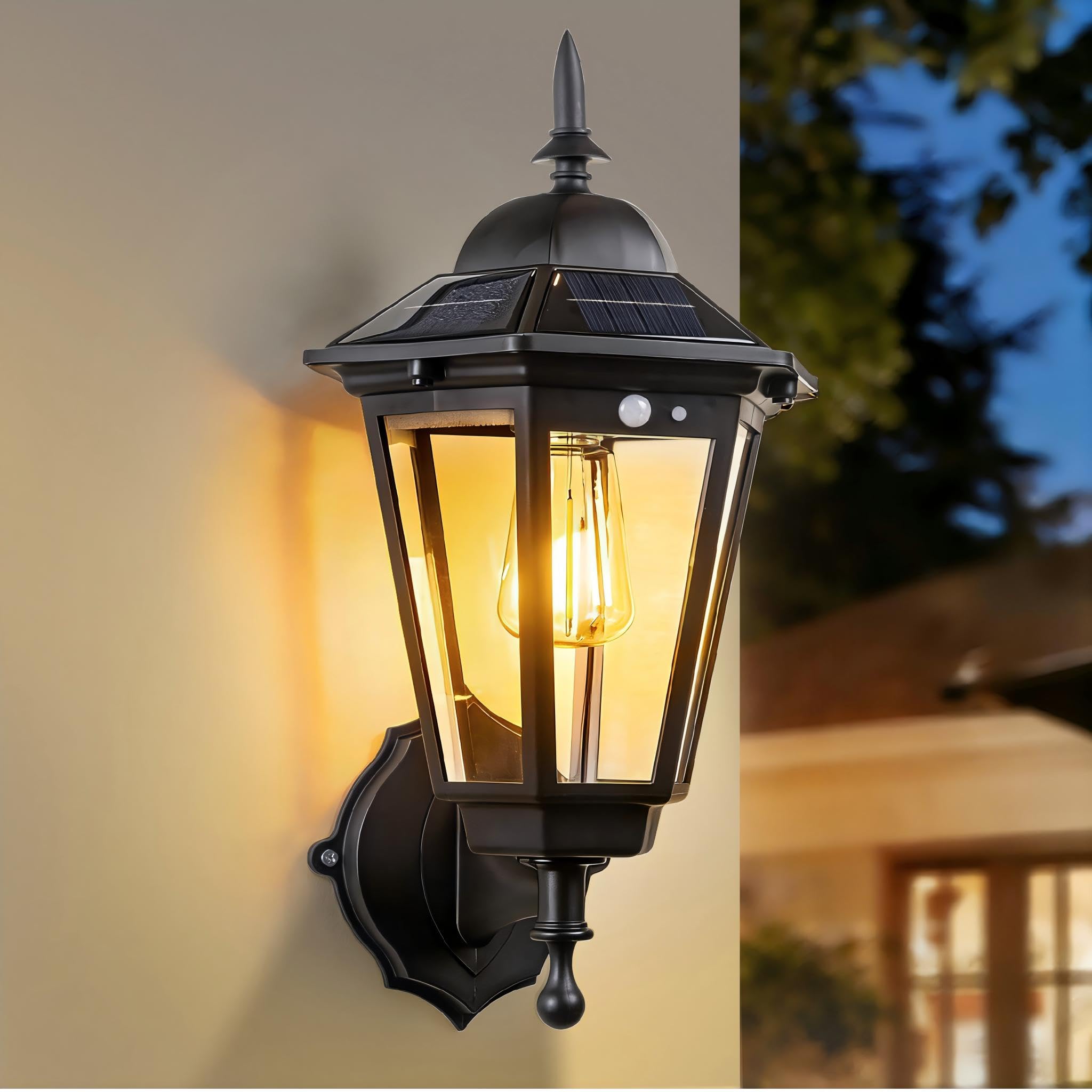 Yaolon Black Solar Wall Light Outdoor With Motion Sensor, 3 Smart Modes, Ip65 Waterproof, Vintage Solar Lantern For Garden Patio Garage Yard