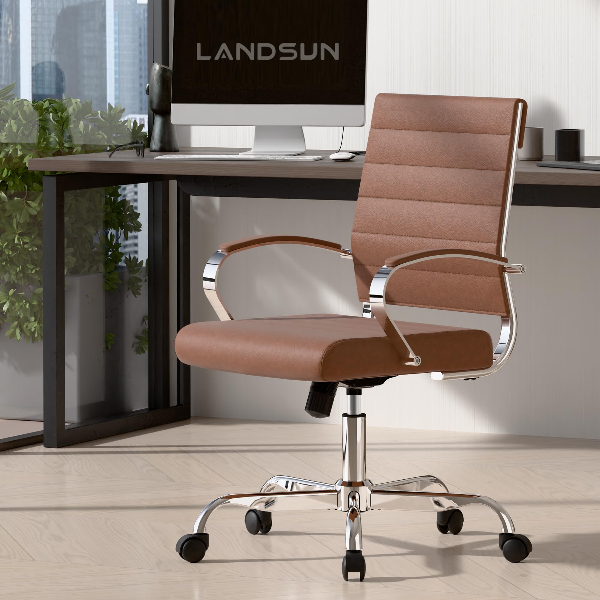 LANDSUN Home Office Chair Mid Back Desk Chair PU Leather Ribbed Executive Swivel Computer Chair with Wheels and Armrests Soft Padded Adjustable Height