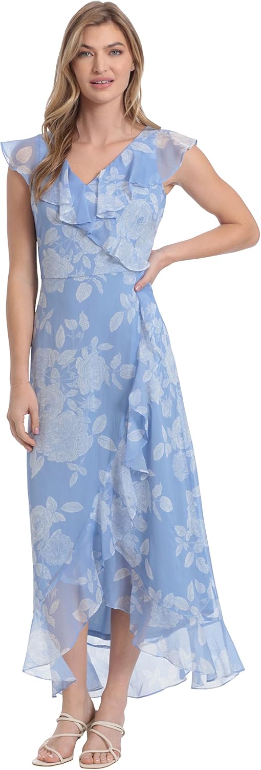 London Times Womens Chiffon Faux Wrap Ruffle Maxi Dress Guest of Wedding - Image 3