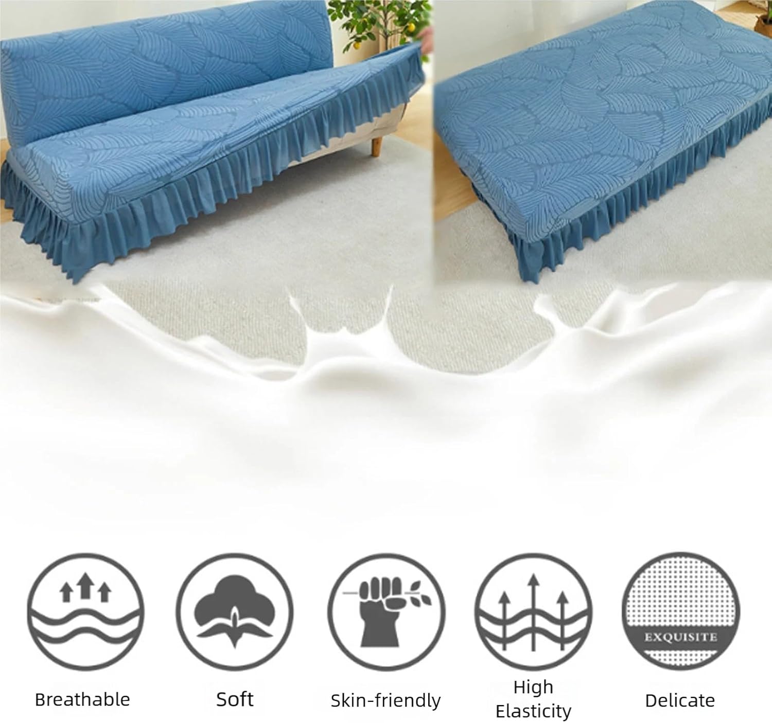 Armless Futon Slipcover with Ruffled Skirt Stretch Machine-Washable Sofa Protector for Living Room, Apartment Pet-Friendly Homes(Beige)