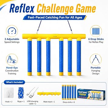 Reflex Challenge Game, Drop The Stick Game, Catch All Drop Sticks Game, Hand Challenge Games, Hand Eye Coordination Reaction Training Toy, Adjustable Speed Catching Games (Blue)