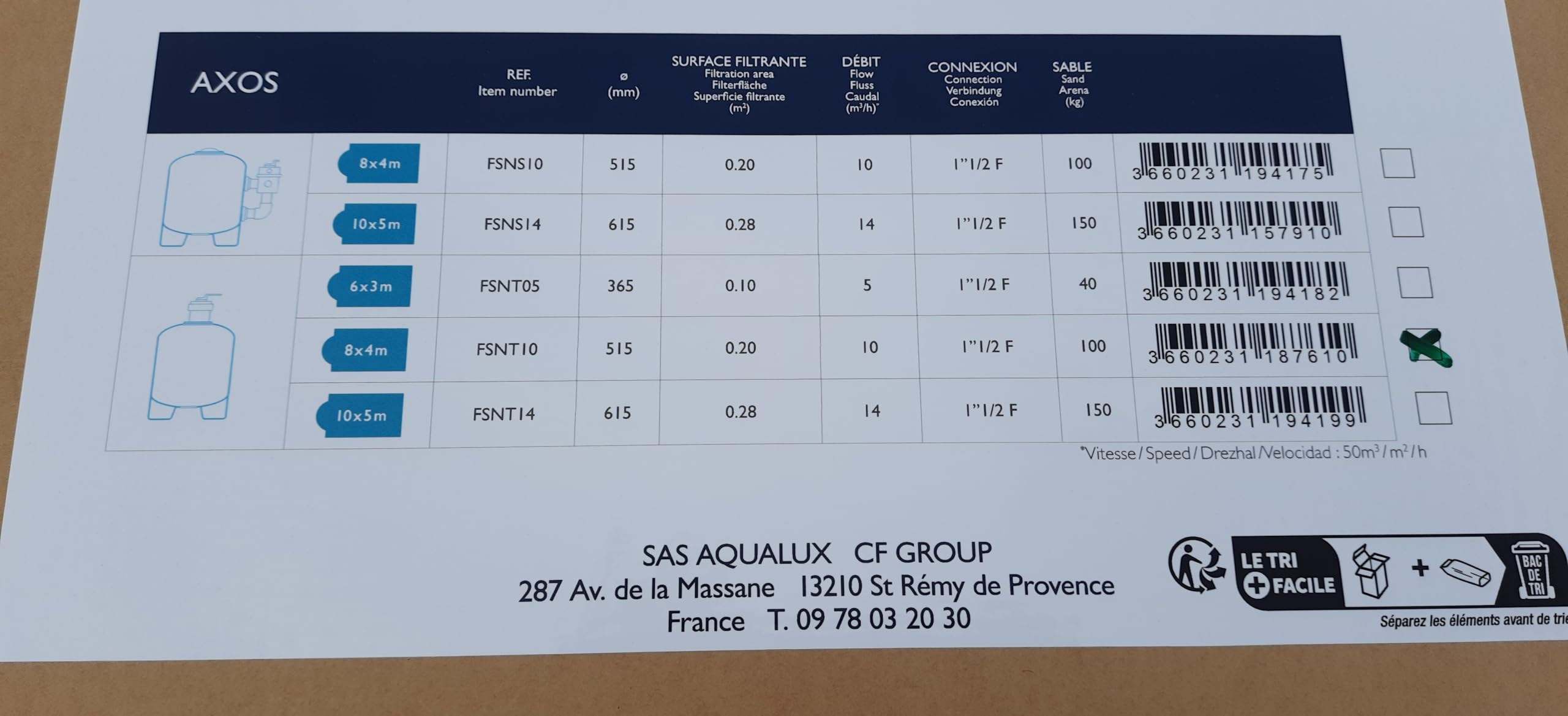 Filtre à Sable pour Piscine 14m3/h diam 615 - Filtre à Sable Piscine - 14m3/h - Diamètre 565mm - Fourni avec Vanne Top sur Le Dessus - Modèle AXOS XEO - EDG by Aqualux