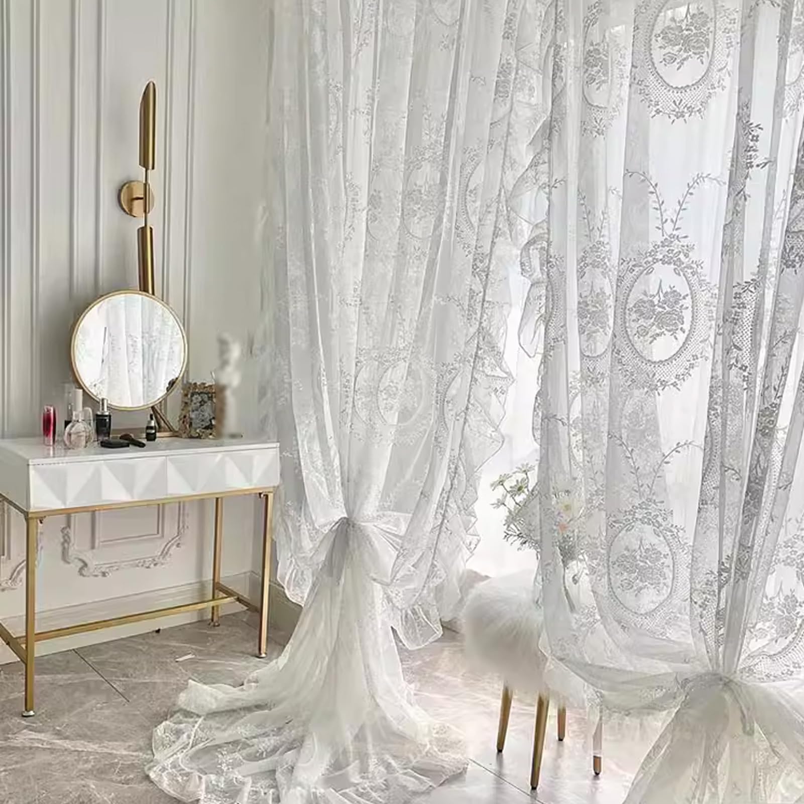 Rideaux en Dentelle Brodée de Fleurs de Style Romantique Français, Long Traitement de Fenêtre Vintage Shabby Chic avec Bord à Volants Festonnés, pour Balcon de Jardin, 1 Panneau