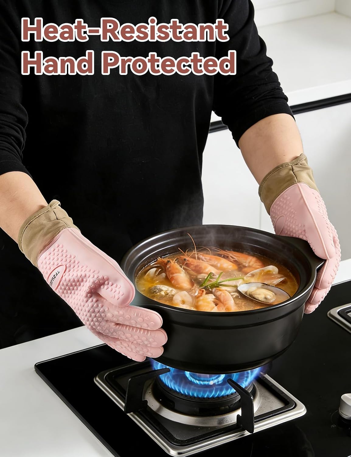 Silicone Oven Mitts with Five-Finger Design, Extended Cuff & Soft Cotton Lining – Heat Resistant, Waterproof, Non-Slip Oven Gloves for Baking, Cooking, Grilling, Safe Grip on Hot Cookware - Pink - Image 3