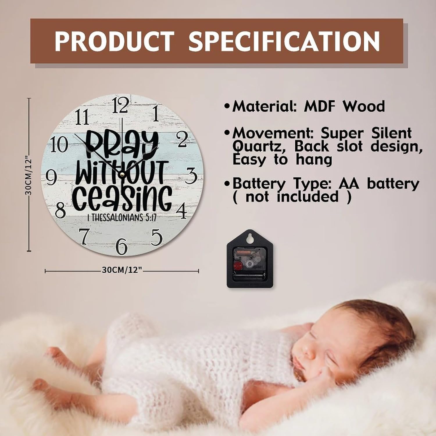 Scripture Print Art Wooden Wall Clocks Battery Operated 12 Inch Silent Pray Without Ceasing Clock Religious Faith Wall Art Farmhouse Home Decor for Living Room Kitchen Bedroom