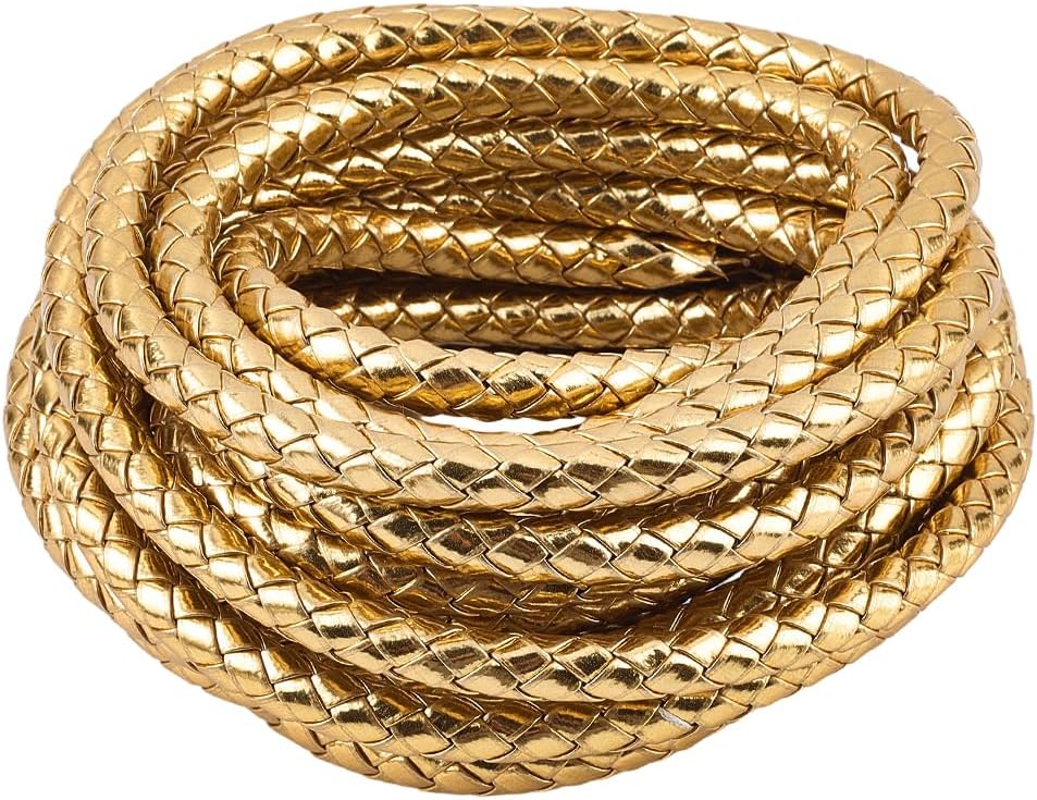 GORGECRAFT 5.5 Yard PU Leather Cord 8mm Metallic Round Braided Bolo Leather Cord Gold Leatherette Strip Braiding Antique Strap for DIY Crafts Bracelet Choker Necklace Anklets Keychain Jewelry Making