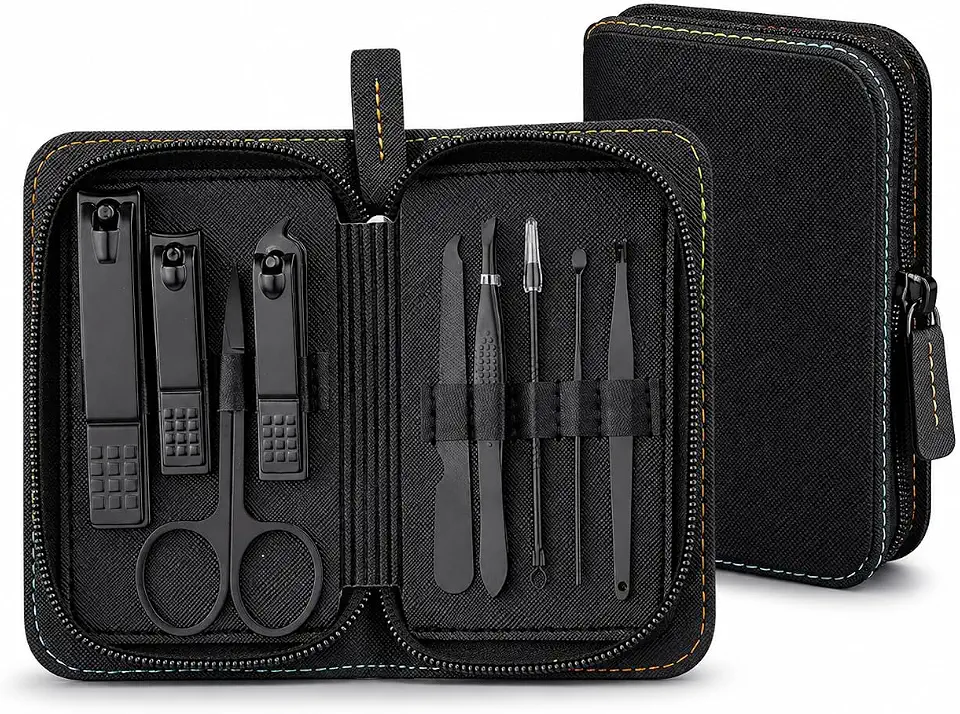 Kit Manicure Profissional 9 Peças em Aço Inox e Carbono com Estojo Portátil Preto | Kit Pedicure Completo para Unhas, Cutículas e Cuidados Pessoais